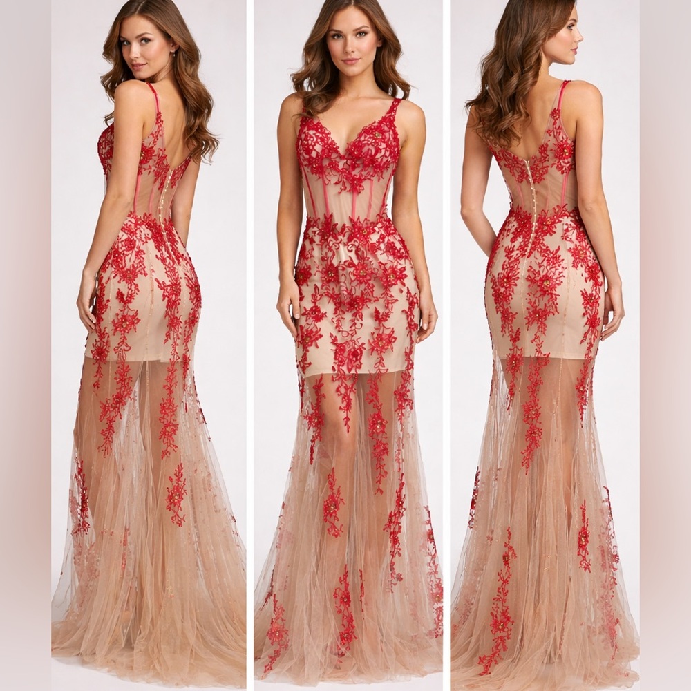 Sherri Hill Red and Cream Maxi Dress